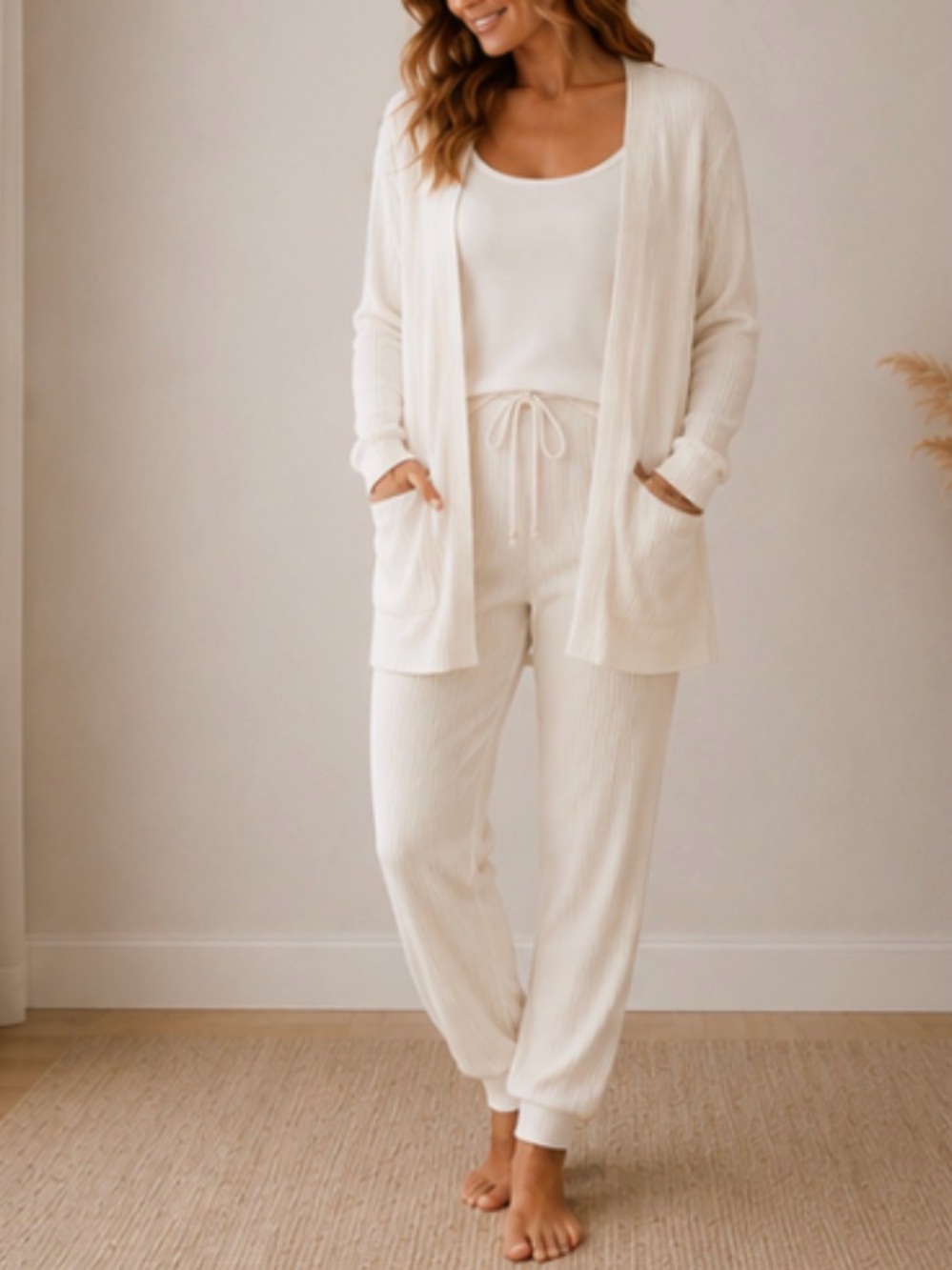 Blu Pepper Cream Ribbed Lounge Cardigan & Jogger Set